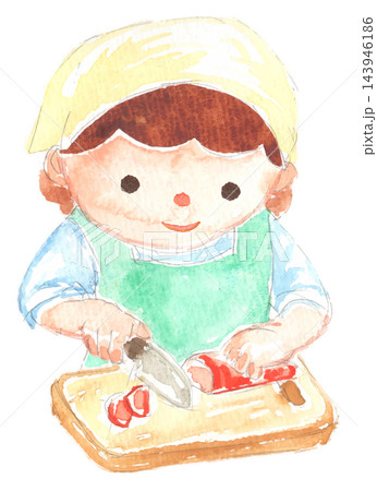 包丁で食材を切る子どもの水彩イラスト 143946186