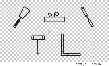 一套木工工具的線條藝術圖示:雙刃鋸、刨子、鑿子、錘子和方尺。 一套木工工具的線條藝術圖示:雙刃鋸、刨子、鑿子、錘子和方尺。 143946987