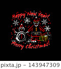 Christmas composition with outline illustrations of happy Santa Claus, snowman, text. Winter holiday symbols in grunge graffiti like style. Bright colors on black background. Festive friendly design 143947309
