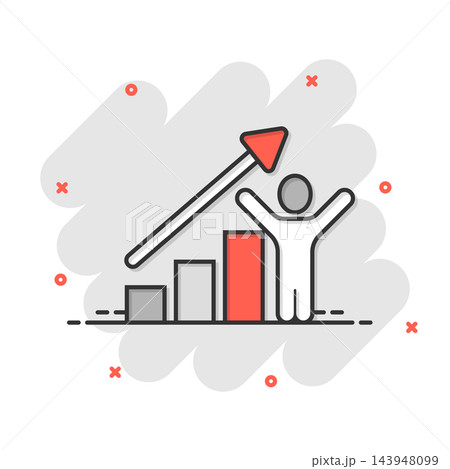 People with growth arrow icon in comic style. Work strategy cartoon vector illustration on white isolated background. Office training splash effect business concept. People with growth arrow icon in comic style. Work strategy cartoon vector illustration on white isolated background. Office training splash effect business concept. 143948099