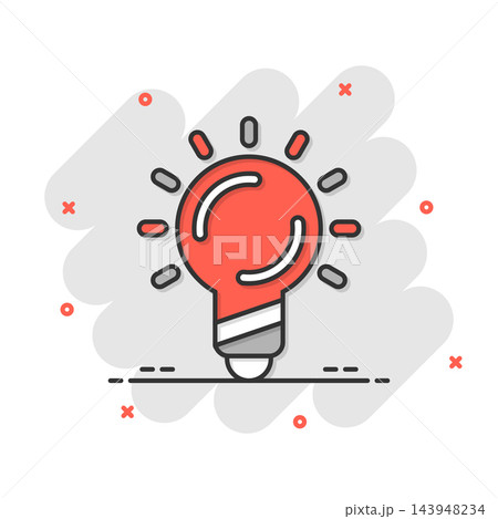 Light bulb icon in comic style. Lightbulb cartoon vector illustration on white isolated background. Lamp idea splash effect business concept. Light bulb icon in comic style. Lightbulb cartoon vector illustration on white isolated background. Lamp idea splash effect business concept. 143948234