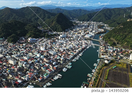 静岡県下田市の漁港と市街地を捉えた空撮写真 143950206
