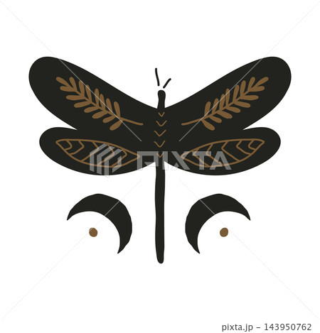Mystical dragonfly illustration with crescent moon and botanical branch wings on white background 143950762