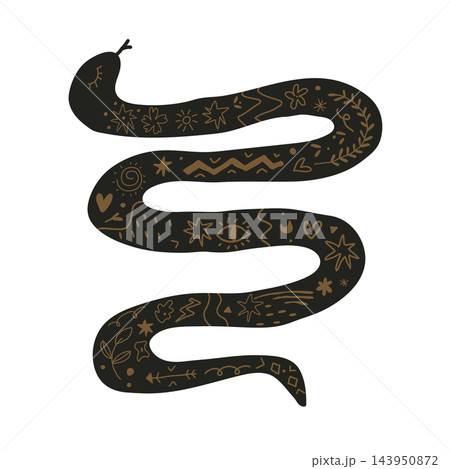Mystical snake illustration with esoteric symbols, stars, eye, and botanical patterns on white background 143950872