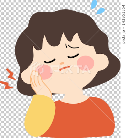 An illustration of a female character suffering from cheek pain due to toothache,useful for dental care and medical education. 143951354