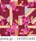 Abstract floral patchwork pattern with maroon blocks, peach stripes, gray spaces, pink blossoms, and cracked texture, creating bold decorative surface for wallpaper, wrapping, textile, and background 143951840