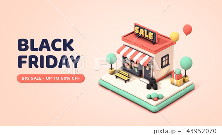 Isometric store building with Black Friday sale promotion banner 143952070
