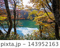 蔵王どっこ沼の紅葉とエメラルドグリーンの水面 143952163