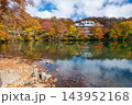 蔵王どっこ沼の紅葉とエメラルドグリーンの水面 143952168