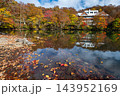 蔵王どっこ沼の紅葉とエメラルドグリーンの水面 143952169