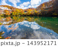 蔵王どっこ沼の紅葉とエメラルドグリーンの水面 143952171