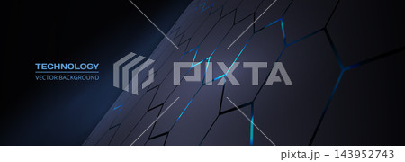Dark futuristic hexagonal polygonal technology background with glowing blue seams and perspective panels 143952743