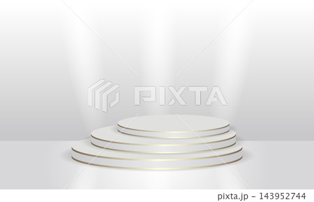 Elegant white circular podium with champagne gold trim for luxury product display 143952744