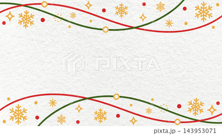 Christmas and New Year background with golden snowflakes, stars, red and green wavy border on white textured paper with copy space 143953071