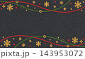 Christmas and New Year background with golden snowflakes, stars, red and green wavy border on black textured paper with copy space 143953072