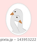 Cute goose couple in cute oval shape frame with stylized decorative stitches. Sewed textile patch decoration detail, vector isolated illustration 143953222