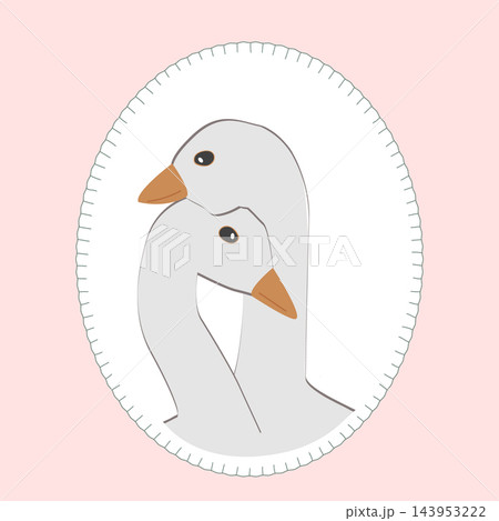 Cute goose couple in cute oval shape frame with stylized decorative stitches. Sewed textile patch decoration detail, vector isolated illustration 143953222