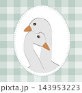 Cute goose couple in cute oval shape frame with stylized decorative stitches on the checkered fabric background. Sewed textile patch decoration detail, vector isolated illustration. 143953223