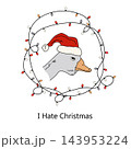 Funny white angry unfriendly goose in Santa hat in a string lights frame. Vector isolated illustration. 143953224