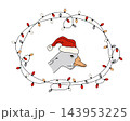 Funny white angry unfriendly goose in Santa hat in a string lights frame. Vector isolated illustration. 143953225