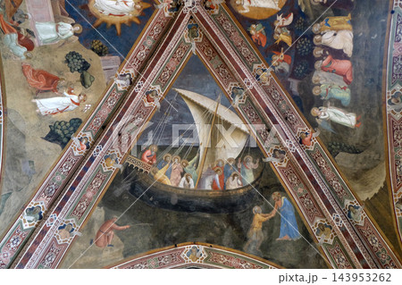 Voyage of Saint Peter, Fresco by Andrea de Buonaiuto, on the ceiling of the Cappellone degli Spagnoli in Santa Maria Novella Principal Dominican church in Florence, Italy 143953262