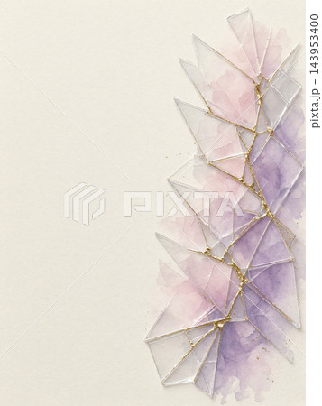 右側に散るアクリルの破片と金継ぎの下から桜色と藤色が透ける和紙 143953400