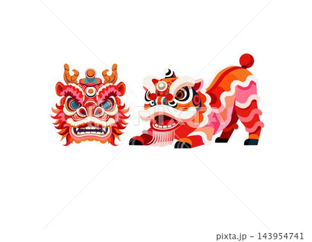 Chinese New Year Lion Dance Character and Head Vector Set    143954741