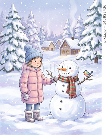 Child smiling beside cheerful snowman in winter village scene with bird perched nearby Child smiling beside cheerful snowman in winter village scene with bird perched nearby 143955436