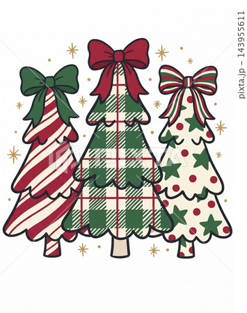 Three whimsical gift wrapped christmas trees with festive bows 143955611