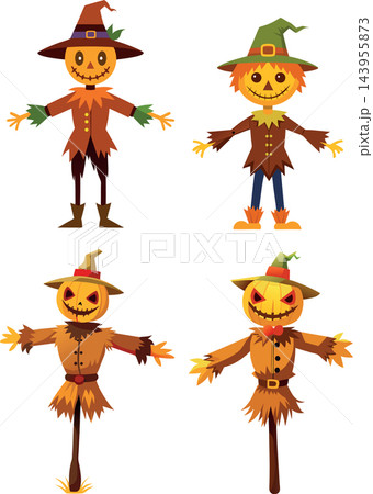Four halloween pumpkin scarecrow wearing old clothes and hat standing posing Four halloween pumpkin scarecrow wearing old clothes and hat standing posing 143955873