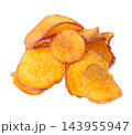 Crispy roasted sweet potato chips with sea salt, isolated on white background. Healthy and crunchy natural vegetable snack. Clipping path. 143955947