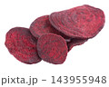 Crispy roasted beetroot chips with sea salt, isolated on white background. Healthy and crunchy natural vegetable snack. Clipping path. 143955948