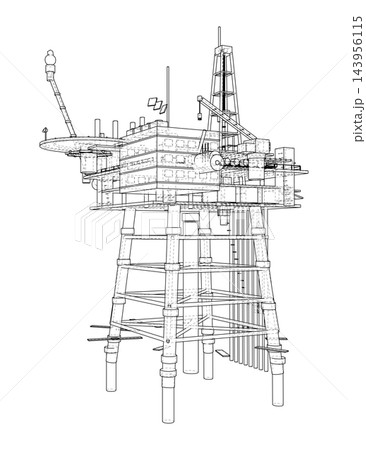 offshore oil rig wireframe illustration. Vector 143956115