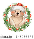Cute Teddy Bear Christmas Illustration with Santa Hat and Evergreen Wreath 143956575