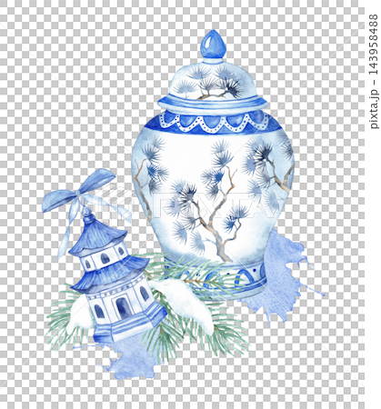 Watercolor chinoiserie Christmas ginger jar decorated with pine trees, porcelain pagoda ornament and snowy branch isolated Watercolor chinoiserie Christmas ginger jar decorated with pine trees, porcelain pagoda ornament and snowy branch isolated 143958488