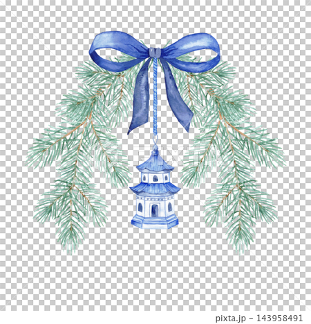 Watercolor chinoiserie Christmas pine branches with big blue bow and hanging porcelain pagoda ornament isolated 143958491