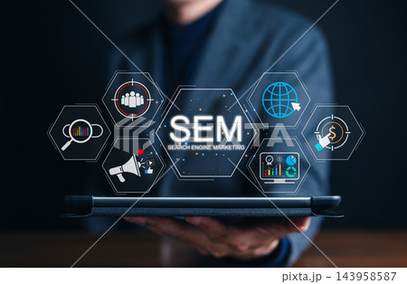 SEM Search Engine Marketing Concept. Professional using laptop with targeting icons, analytics, paid ads, global outreach representing online advertising strategy, performance-driven digital marketing SEM Search Engine Marketing Concept. Professional using laptop with targeting icons, analytics, paid ads, global outreach representing online advertising strategy, performance-driven digital marketing 143958587