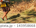 Worker uses backpack leaf blower to remove dry fallen leaves from grassy park area during seasonal maintenance. Powerful leaf blower scatters autumn leaves across ground in outdoor cleaning process 143958668