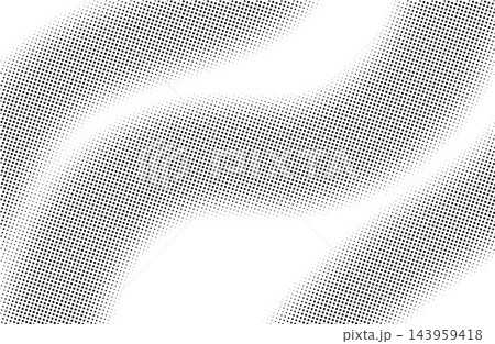 Wavy halftone dot lines abstract background, flowing black and white comic texture with curved gradients, modern vector pattern for music posters, packaging, editorial layouts and trendy design 143959418