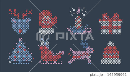 Classic cross stitch embroidery winter holiday elements set on dark blue, detailed retro candle sleigh mitten and gift icons with adjustable thread thickness, cozy cottagecore needlecraft graphics Classic cross stitch embroidery winter holiday elements set on dark blue, detailed retro candle sleigh mitten and gift icons with adjustable thread thickness, cozy cottagecore needlecraft graphics 143959961
