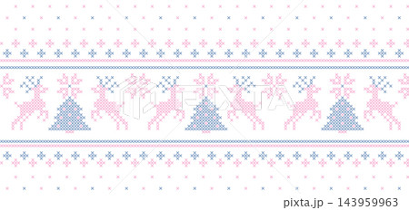 Pastel minimal cross stitch embroidery winter forest seamless border pattern, delicate geometric reindeer and pine tree motifs with adjustable stitch line thickness, elegant craft wrapping ribbon Pastel minimal cross stitch embroidery winter forest seamless border pattern, delicate geometric reindeer and pine tree motifs with adjustable stitch line thickness, elegant craft wrapping ribbon 143959963