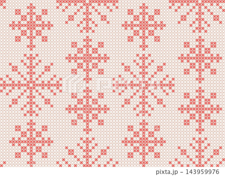 Vibrant red and white cross stitch embroidery seamless pattern with Christmas snowflakes, dense traditional geometric folk ornament with adjustable stitch thickness, classic rustic needlecraft texture 143959976