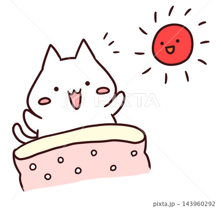 朝元気よくおはようと目覚めるかわいいキャラクター猫(手描き) 朝元気よくおはようと目覚めるかわいいキャラクター猫(手描き) 143960292