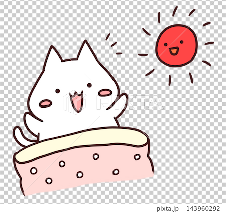 朝元気よくおはようと目覚めるかわいいキャラクター猫(手描き) 朝元気よくおはようと目覚めるかわいいキャラクター猫(手描き) 143960292