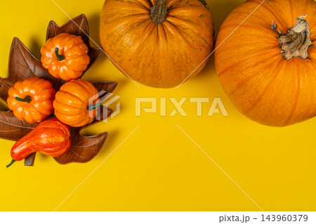 Bright orange pumpkins and gourds on a yellow background for fall celebration 143960379