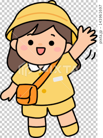 A clean line art illustration of a kindergarten girl wearing a yellow hat and uniform,waving hello. Ideal for coloring pages and educational materials. A clean line art illustration of a kindergarten girl wearing a yellow hat and uniform,waving hello. Ideal for coloring pages and educational materials. 143961697