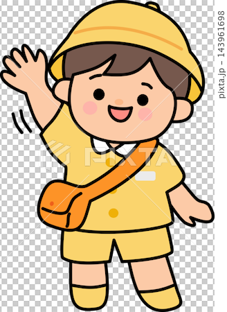 A simple line art illustration of a kindergarten boy wearing a yellow hat and uniform,waving hello. Suitable for coloring books and educational content. A simple line art illustration of a kindergarten boy wearing a yellow hat and uniform,waving hello. Suitable for coloring books and educational content. 143961698