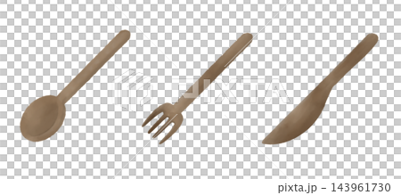 Watercolor-style hand-painted wooden cutlery set: spoon, fork, and knife. Watercolor-style hand-painted wooden cutlery set: spoon, fork, and knife. 143961730