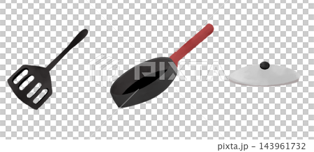 Watercolor-style hand-painted cookware set: spatula, frying pan, pot lid Watercolor-style hand-painted cookware set: spatula, frying pan, pot lid 143961732