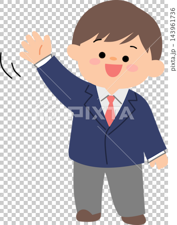 A cheerful illustration of a male student wearing a school uniform and waving hello. Ideal for education,back to school,and youth-related designs. A cheerful illustration of a male student wearing a school uniform and waving hello. Ideal for education,back to school,and youth-related designs. 143961736